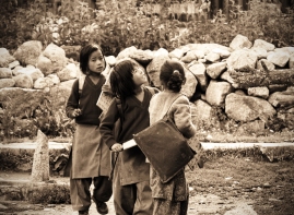 Local schoolgirls on the way home from school. Chitkul, Himalayas.